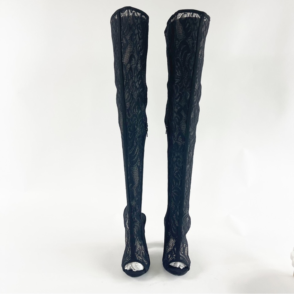 #429 New BAMBOO Spotlight Black Lace Thigh High Peep Toe Heels size 10 - Picture 3 of 14